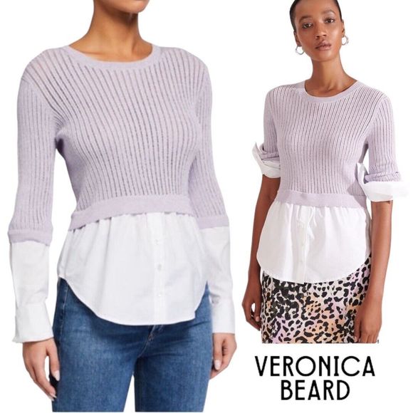 Veronica Beard Kaley Mixed Media Sweater Sparkle Lilac Sz Large NWT MSRP: $395